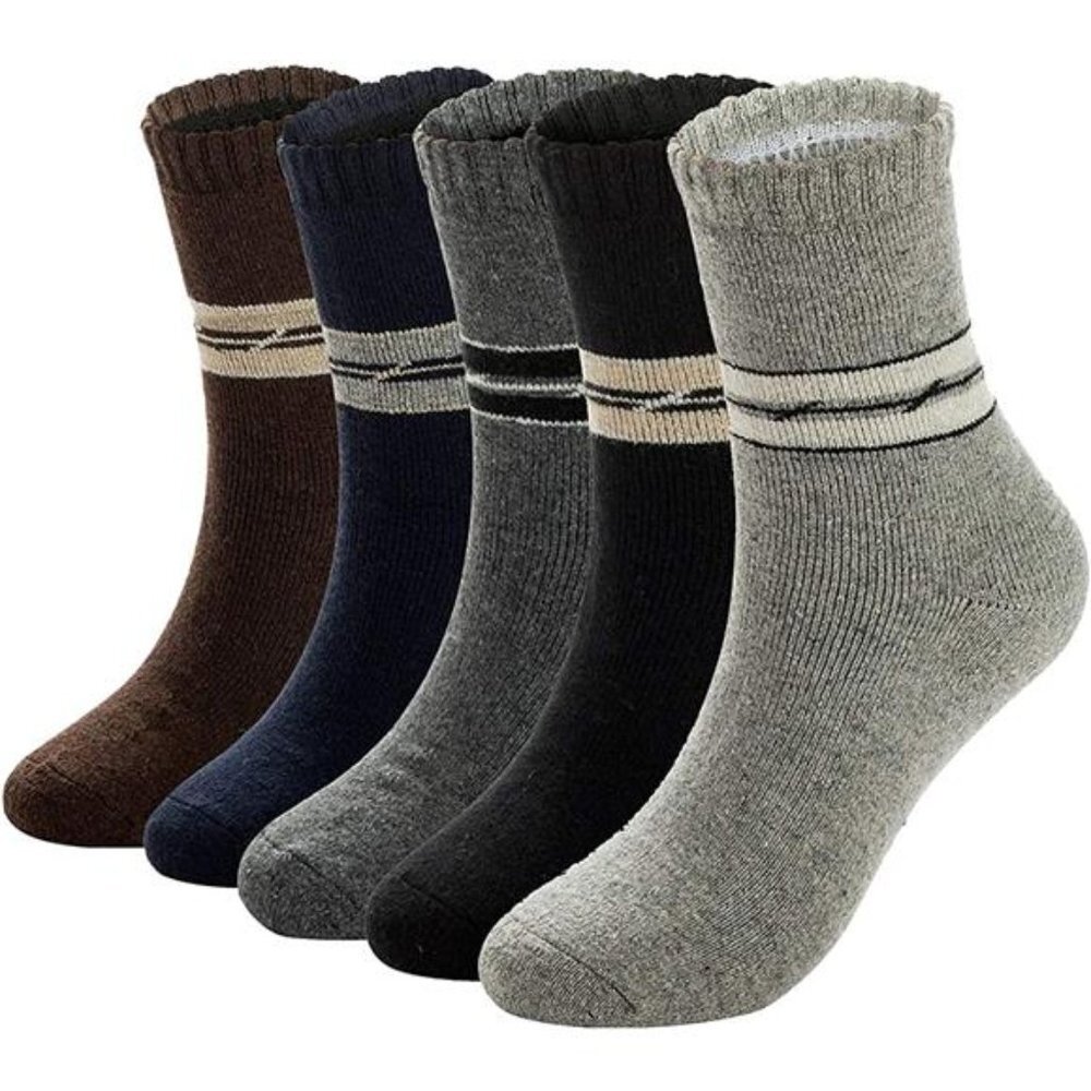 5 Pack Men's Warm Wool Socks Thick Winter Thermal Stripe Wool Crew Socks